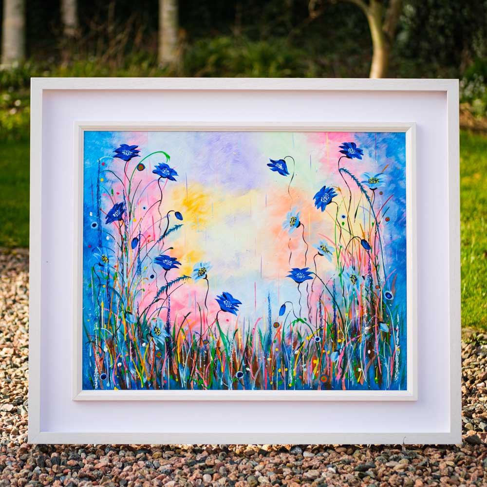 Painting on canvas of blue poppies by Lorraine O'Donovan